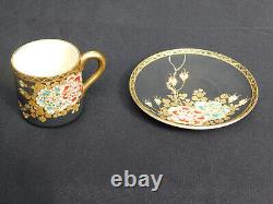 Antique Japanese Demi Tea Cup & Saucer Black Gold & Floral c