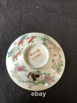 Antique Japanese Hirado eggshell tea cup and saucer with lid 1870-90 handpainte