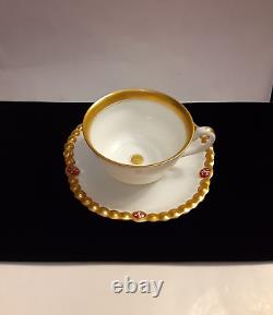 Antique Limoges FranceTeacup And Saucer Gold And Fleur Beaded Pattern