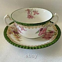 Antique Limoges T & V Double Handle Bouillon Cup Teacup Saucer Green Floral Gold