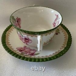 Antique Limoges T & V Double Handle Bouillon Cup Teacup Saucer Green Floral Gold