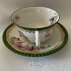 Antique Limoges T & V Double Handle Bouillon Cup Teacup Saucer Green Floral Gold