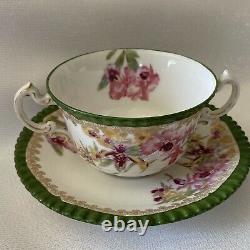 Antique Limoges T & V Double Handle Bouillon Cup Teacup Saucer Green Floral Gold