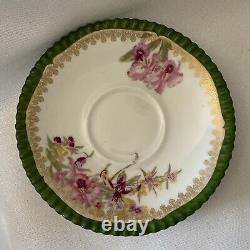 Antique Limoges T & V Double Handle Bouillon Cup Teacup Saucer Green Floral Gold