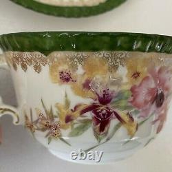 Antique Limoges T & V Double Handle Bouillon Cup Teacup Saucer Green Floral Gold