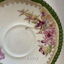 Antique Limoges T & V Double Handle Bouillon Cup Teacup Saucer Green Floral Gold