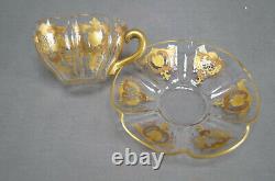 Antique Lobmeyr Bohemian Gold Floral Scrollwork Lobed Glass Tea Cup & Saucer A