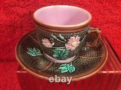 Antique Majolica Wild Rose, Rope Tea Cup and Saucer 1800's