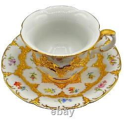 Antique Meissen B Form Heavy Encrusted Gold Gilt Strewn Flower Teacup & Saucer