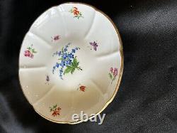 Antique Meissen Footed Teacup And Saucer With Blue Applied Flowers