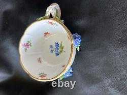 Antique Meissen Footed Teacup And Saucer With Blue Applied Flowers