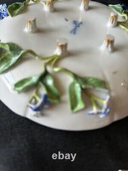 Antique Meissen Footed Teacup And Saucer With Blue Applied Flowers