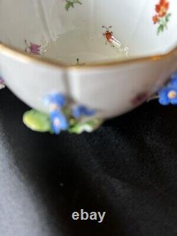 Antique Meissen Footed Teacup And Saucer With Blue Applied Flowers