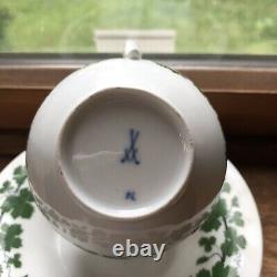 Antique Meissen Porcelain Green Ivy Teacup, Saucer & Dish