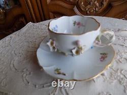 Antique Meissen Porcelain Hand Painted Footed Tea Cup &Saucer Applied 3DFlowers