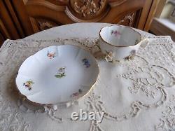 Antique Meissen Porcelain Hand Painted Footed Tea Cup &Saucer Applied 3DFlowers