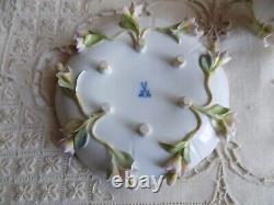 Antique Meissen Porcelain Hand Painted Footed Tea Cup &Saucer Applied 3DFlowers