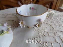 Antique Meissen Porcelain Hand Painted Footed Tea Cup &Saucer Applied 3DFlowers