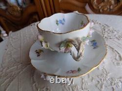 Antique Meissen Porcelain Hand Painted Footed Tea Cup &Saucer Applied 3DFlowers