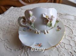 Antique Meissen Porcelain Hand Painted Footed Tea Cup &Saucer Applied 3DFlowers