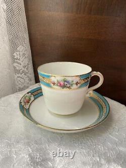 Antique Minton Teacup and Saucer, Turquoise And Hand painted Floral