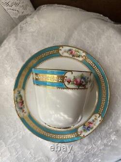 Antique Minton Teacup and Saucer, Turquoise And Hand painted Floral