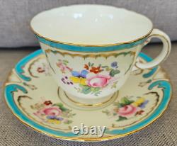 Antique Minton Turquoise Raised Enamel Jeweled Gold Floral Teacup And Saucer Set