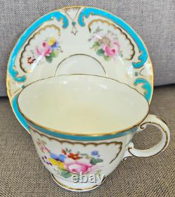 Antique Minton Turquoise Raised Enamel Jeweled Gold Floral Teacup And Saucer Set