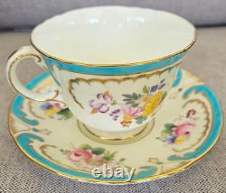 Antique Minton Turquoise Raised Enamel Jeweled Gold Floral Teacup And Saucer Set