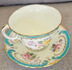 Antique Minton Turquoise Raised Enamel Jeweled Gold Floral Teacup And Saucer Set