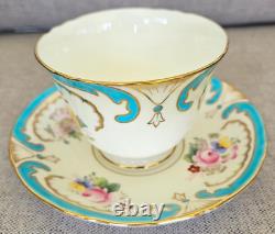 Antique Minton Turquoise Raised Enamel Jeweled Gold Floral Teacup And Saucer Set