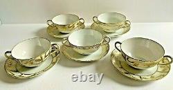 Antique Nippon Gold Set/5 Double Handle Soup or Coffee/Tea Cups And Saucers RARE