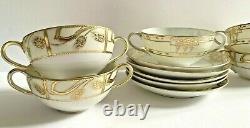 Antique Nippon Gold Set/5 Double Handle Soup or Coffee/Tea Cups And Saucers RARE