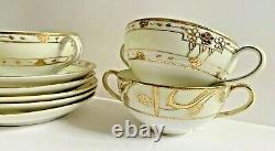 Antique Nippon Gold Set/5 Double Handle Soup or Coffee/Tea Cups And Saucers RARE