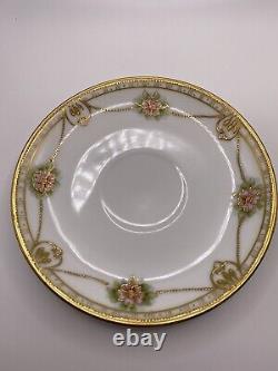 Antique Nippon Hand Painted Porcelain Raising Gold Tea Cup & Saucer