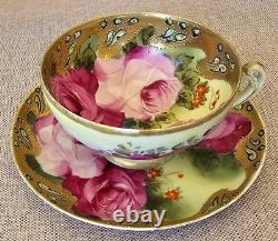 Antique Nippon Teacup & Saucer Set Huge Floating Cabbage Rose Heavy Gold Beaded