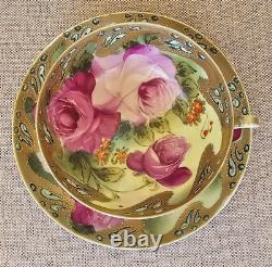 Antique Nippon Teacup & Saucer Set Huge Floating Cabbage Rose Heavy Gold Beaded