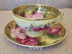 Antique Nippon Teacup & Saucer Set Huge Floating Cabbage Rose Heavy Gold Beaded