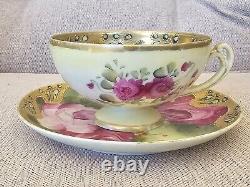 Antique Nippon Teacup & Saucer Set Huge Floating Cabbage Rose Heavy Gold Beaded