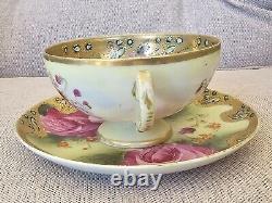 Antique Nippon Teacup & Saucer Set Huge Floating Cabbage Rose Heavy Gold Beaded