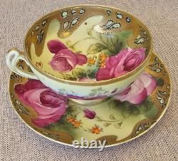 Antique Nippon Teacup & Saucer Set Huge Floating Cabbage Rose Heavy Gold Beaded