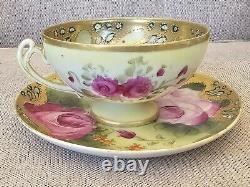 Antique Nippon Teacup & Saucer Set Huge Floating Cabbage Rose Heavy Gold Beaded