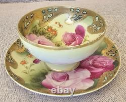 Antique Nippon Teacup & Saucer Set Huge Floating Cabbage Rose Heavy Gold Beaded