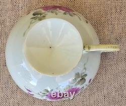 Antique Nippon Teacup & Saucer Set Huge Floating Cabbage Rose Heavy Gold Beaded