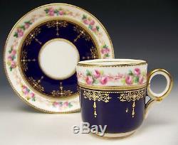 Antique Old Paris Hand Painted Roses Raised Jeweled Tea Cup & Saucer Sevres