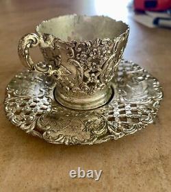 Antique Ornate SilverPlate Tea Cup/Saucer Danish Country Motif