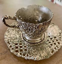 Antique Ornate SilverPlate Tea Cup/Saucer Danish Country Motif