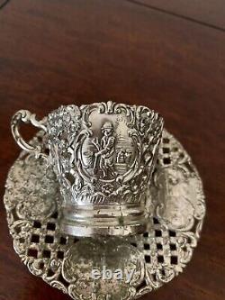 Antique Ornate SilverPlate Tea Cup/Saucer Danish Country Motif