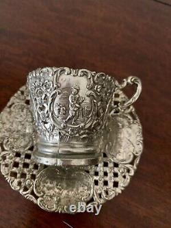 Antique Ornate SilverPlate Tea Cup/Saucer Danish Country Motif