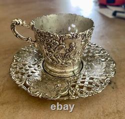 Antique Ornate SilverPlate Tea Cup/Saucer Danish Country Motif